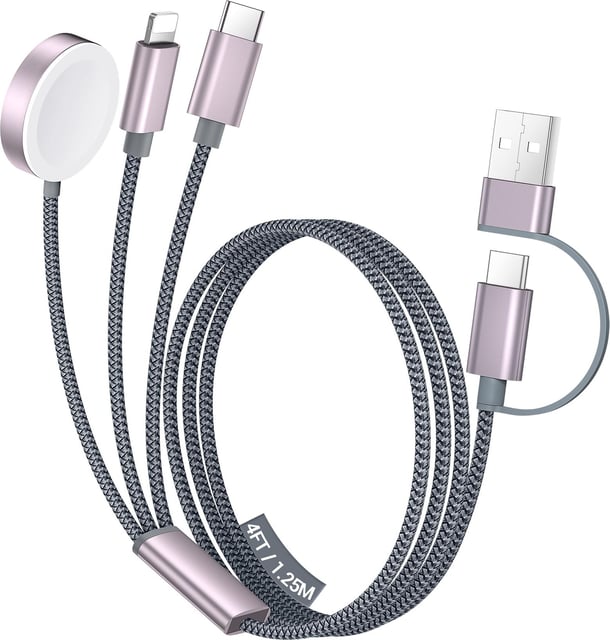 Travel Essentials for Apple Watch Charger,iPhone Charger,3 in 2 Type C/Lightning/Magnetic Fast Charging Cable Docks,Multi Charging Cable Portable Designed for iWatch Series,iPhone 17-11,S26,Car-4FT