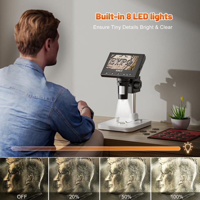 Elikliv 4K 3-Lens Digital Microscope: TL301-Magnetic Coin Microscope Magnifier Full Coin View, Soldering Microscopes for Adults with 7" IPS Screen, Side Lights, 10" Stand, PC/TV Compatible, 64GB - product photo 2 of 5