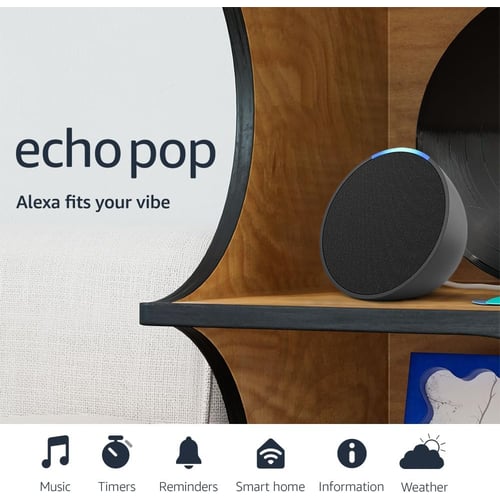 Amazon Echo Pop in Charcoal color, compact half-dome design