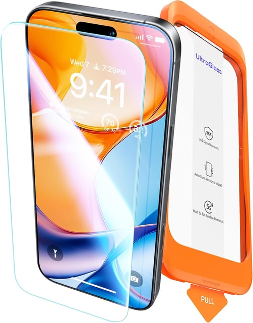 UltraGlass UNBREAK TOP 9H+ Armor for iPhone 15 Screen Protector [No.1 Military Grade Shatterproof] Screen Protector iPhone 15 Tempered Glass 6.1" [Longest Durable] OneStep Auto-Install, 2 Pack - product photo 3 of 5