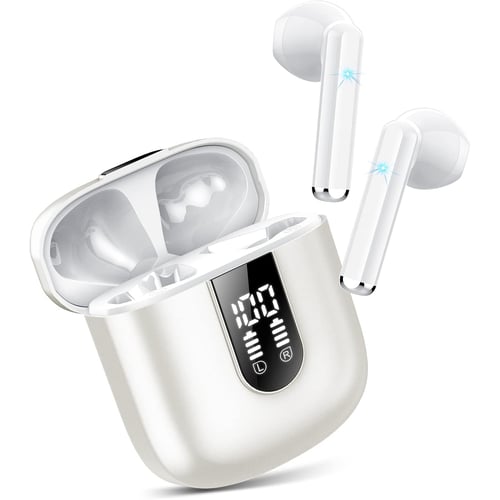 Earbuds shown with LED display charging case