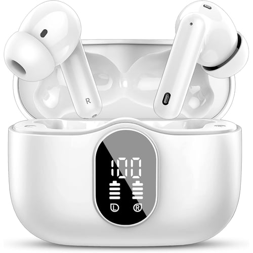 White wireless earbuds with LED display charging case