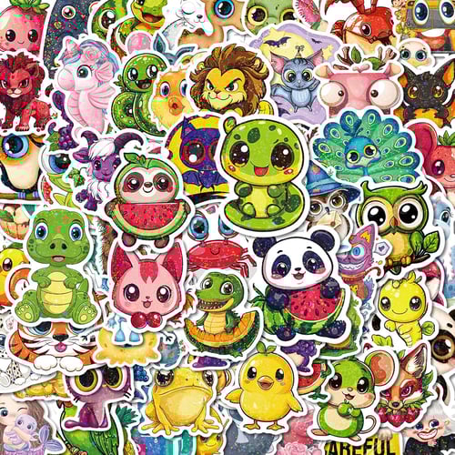 100 piece holographic animal sticker pack spread out