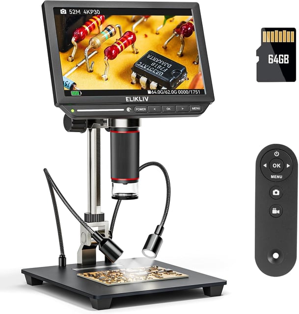 Elikliv 4K 3-Lens Digital Microscope: TL301-Magnetic Coin Microscope Magnifier Full Coin View, Soldering Microscopes for Adults with 7" IPS Screen, Side Lights, 10" Stand, PC/TV Compatible, 64GB - product photo 5 of 5