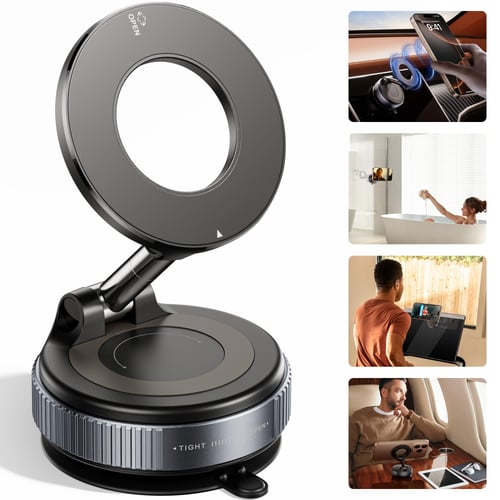 Car phone holder mounted in vehicle showing 360 degree adjustment