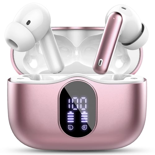 Earbuds inside charging case showing LED display