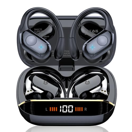 Qecnato Wireless Earbuds Bluetooth 5.4 Headphones 75H Stereo Deep Bass Sports Over Ear Buds with Earhooks, LED Display Bluetooth Earbuds with 4 ENC Mic, IP7 Waterproof Earphone for Running, Black - product photo 2 of 5