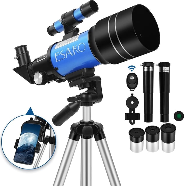 ESAKO Telescope for Kids & Beginners, 70mm Aperture Portable Telescopes with 3 Eyepieces, Height Adjustable Tripod & Phone Adapter & Remote Control Gift for Christmas