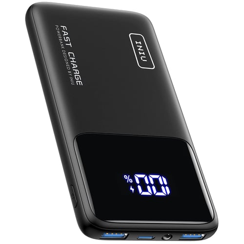 Power bank showing built-in cable and multiple ports