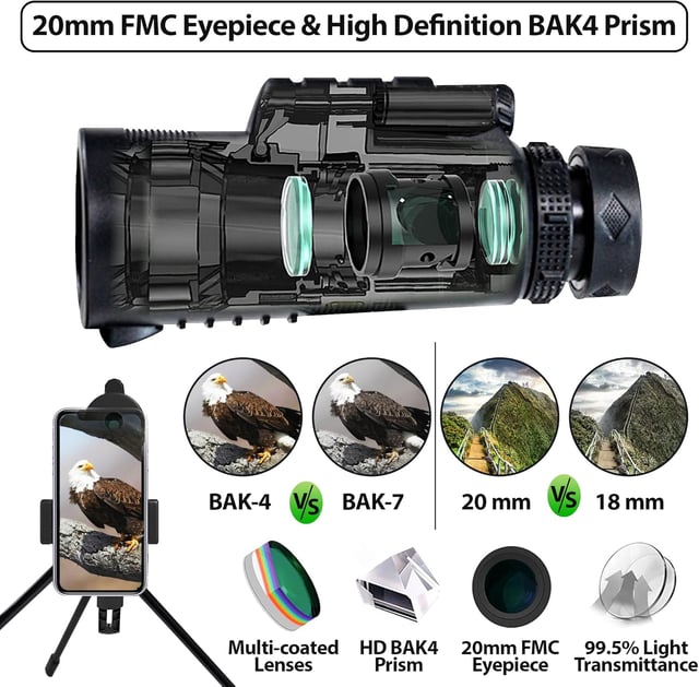 Monocular Telescope 80 x 100 High Powered Monoculars for Adults with Tripod, Monocular for Smartphone Suitable for Bird Watching Larger Vision Monoculars for Adults with BAK4 Prism & FMC Lens Black - product photo 5 of 5