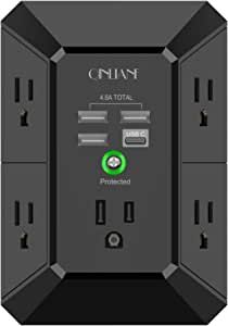 USB Wall Charger, Surge Protector, QINLIANF 5 Outlet Extender with 4 USB Charging Ports(2U2C) 3-Sided 1680J Power Strip Multi Plug Outlets Wall Adapter Spaced for Home Travel Office,Black - product photo 3 of 5