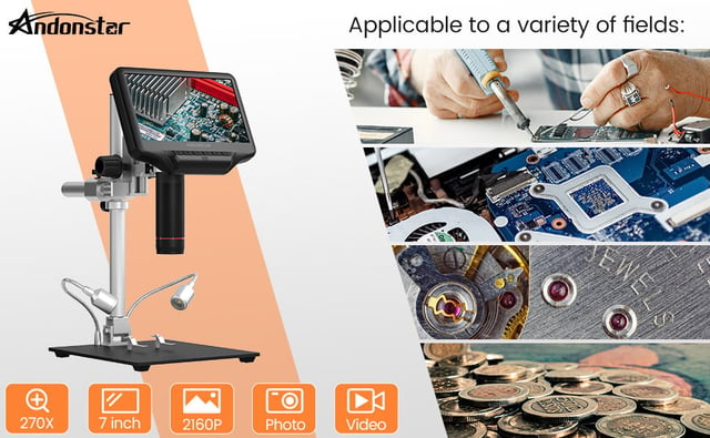 Andonstar AD407 Pro 3D HDMI Soldering Digital Microscope with Pro Metal Stand 4MP UHD and 7 inch Adjustable LCD Screen USB Video Microscopes for Phone Repairing SMT SMD DIY - product photo 3 of 5