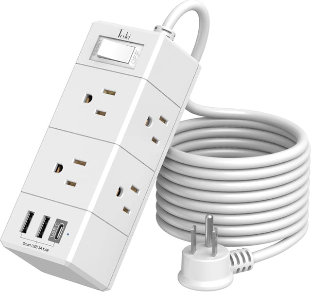 5Ft Outlet Extender Power Strip - Tcstei Flat Plug Extension Cord with 6 Outlets and 3 USB Ports(1 USB C), 3 Side Wall Mount Outlet Extender for Home Dorm Room Essentials, White
