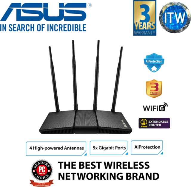 ASUS RT-AX1800S Dual Band WiFi 6 Extendable Router, Subscription-Free Network Security, Parental Control, Built-in VPN, AiMesh Compatible, Gaming & Streaming, Smart Home - product photo 2 of 5