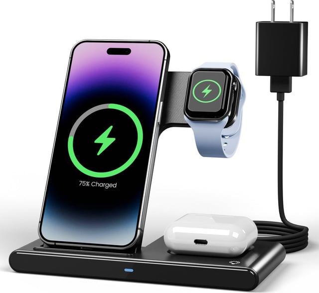 Wireless Charger iPhone Charging Station: 3 in 1 Charger Stand Multiple Devices for Apple - iPhone 17 16e 16 15 14 Pro Max 13 12 11 - Watch 11 10 9 8 7 6 5 4 3 2 SE and Ultra Series - Airpods 4 3 Pro - product photo 4 of 5