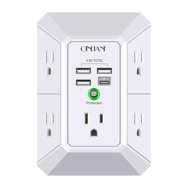 USB Wall Charger, Surge Protector, QINLIANF 5 Outlet Extender with 4 USB Charging Ports(2U2C) 3-Sided 1680J Power Strip Multi Plug Outlets Wall Adapter Spaced for Home Travel Office,Black - product photo 2 of 5