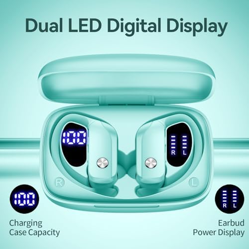 bmani Ear Buds Wireless Earbuds Bluetooth Headphones with 80H Playtime LED Display Case, Over-Ear Hook with Mic, Stereo Sound, Easy Button Controls, Sports Earphones for Running Workout Gym Black - product photo 2 of 5