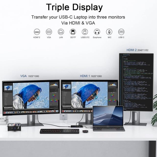 Anker Laptop Docking Station 3 Monitors, 14 in 1 USB C Hub, Triple Display USB C Docking Station with Dual 4K HDMI, 1080p VGA, 80W PD, USB-A/C Data Ports for Dell XPS and More (Charger not Included) - product photo 3 of 5