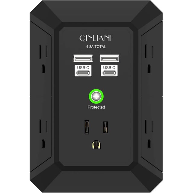 USB Wall Charger, Surge Protector, QINLIANF 5 Outlet Extender with 4 USB Charging Ports(2U2C) 3-Sided 1680J Power Strip Multi Plug Outlets Wall Adapter Spaced for Home Travel Office,Black - product photo 5 of 5