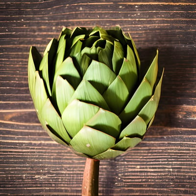 An artichoke on a wooden table