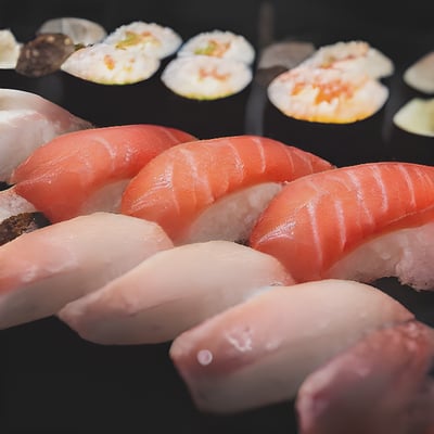 A close up of sushi on a tray