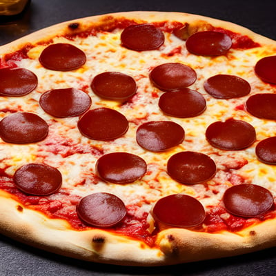 A pizza with pepperoni and cheese on a table