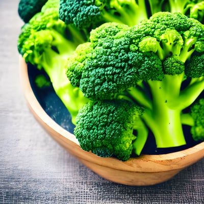 A wooden bowl filled with green broccoli on top of a table