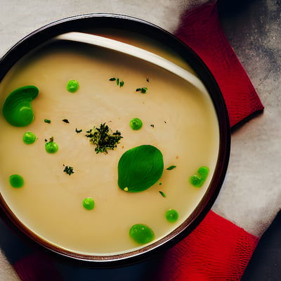 A bowl of soup with peas and a green leaf