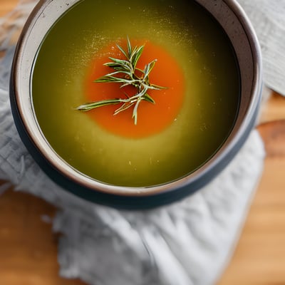 A bowl of soup with a sprig of rosemary