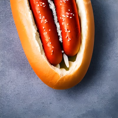 A hot dog on a bun with white toppings