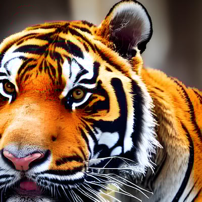A close up of a tiger's face with a blurry background