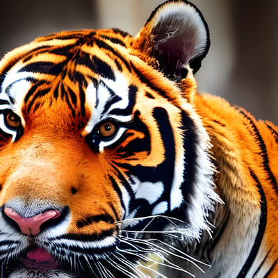 A close up of a tiger's face with a blurry background