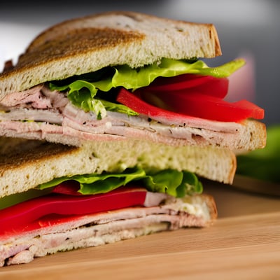 A cut in half sandwich sitting on top of a wooden cutting board