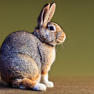 A brown and white rabbit sitting on top of a table