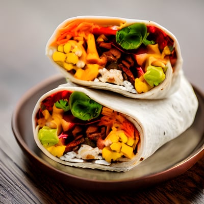 A couple of burritos sitting on top of a metal plate