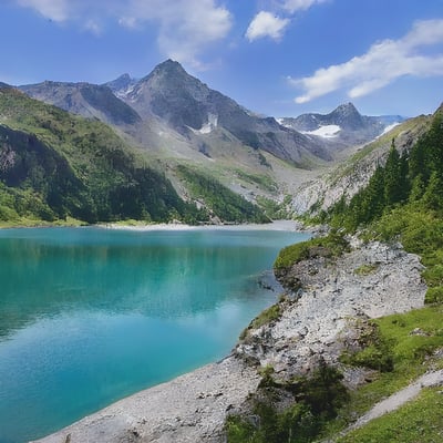 A large body of water surrounded by mountains