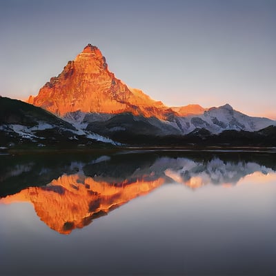 A mountain is reflected in the still water of a lake