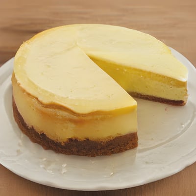 A white plate topped with a cheesecake on top of a wooden table