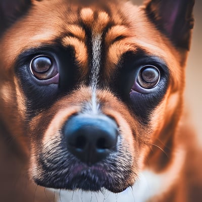 A close up of a dog's face with blue eyes