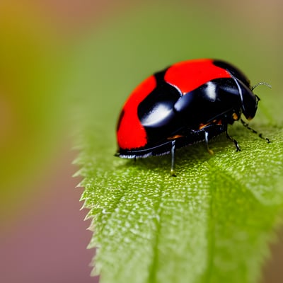 A close up of a red and black bug on a green leaf