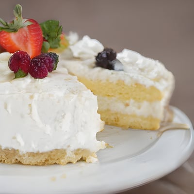 A white plate topped with a slice of cake