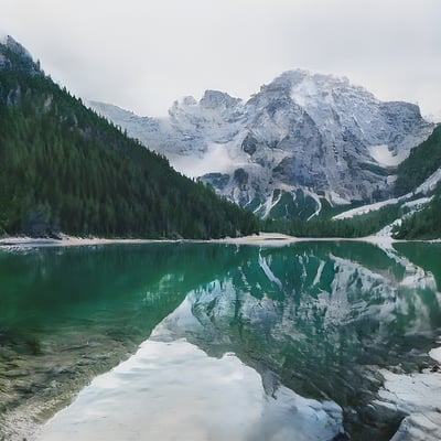 A mountain lake surrounded by snow covered mountains