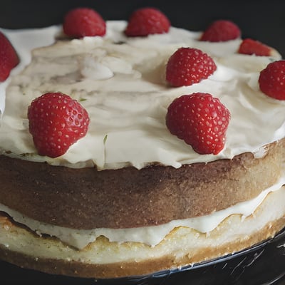 A cake with white frosting and raspberries on top