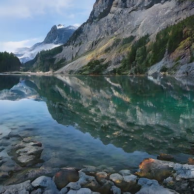 A body of water surrounded by mountains and trees