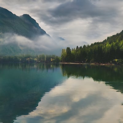 A body of water surrounded by a forest