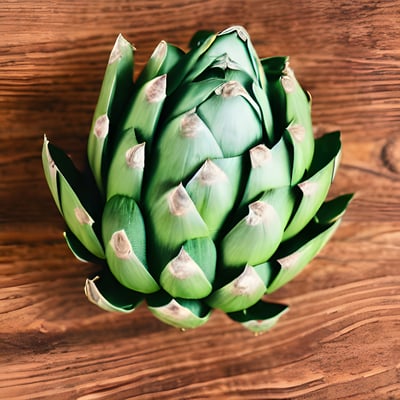 A green artichoke on a wooden table