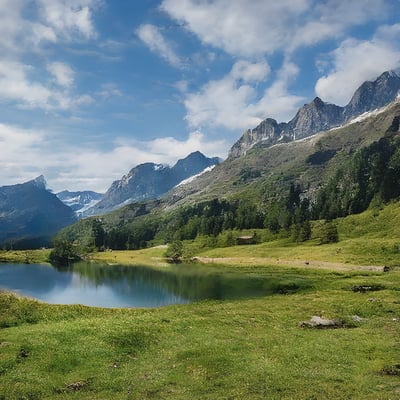 A mountain lake surrounded by lush green grass