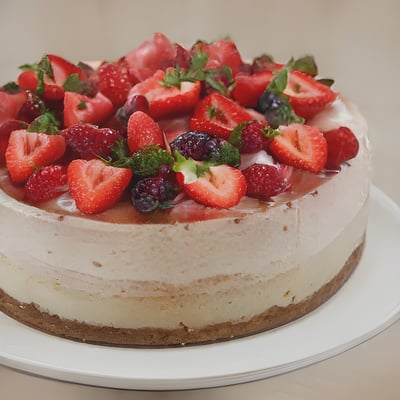 A white plate topped with a cheesecake covered in strawberries