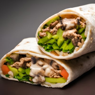 A wrap filled with meat and veggies on top of a table