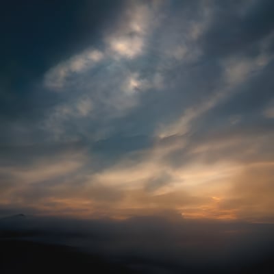 A plane flying through a cloudy sky at sunset